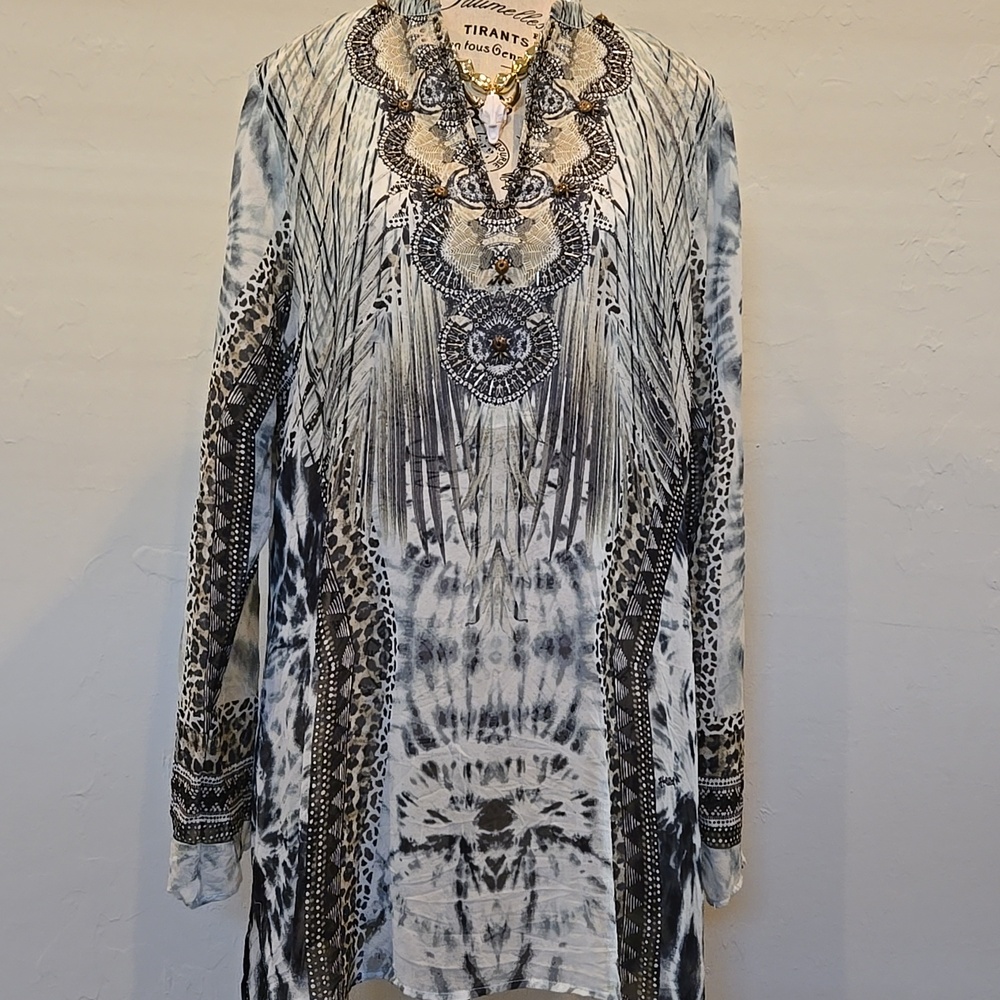 Hale Bob Sheer Beaded Animal Print Neutrals Detail Luxury Blouse
